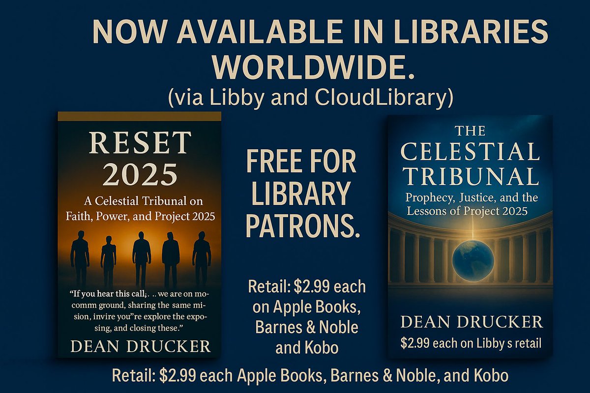 GodsNewWorldInc's tweet image. Now in 92,000+ libraries worldwide — FREE for patrons.
📘 Reset 2025
🔵 The Celestial Tribunal
by Dean Drucker
Via Libby & CloudLibrary
books2read.com/DeanDrucker
#Libraries #Libby #CloudLibrary #Reset2025 #FreeBooks #Democracy