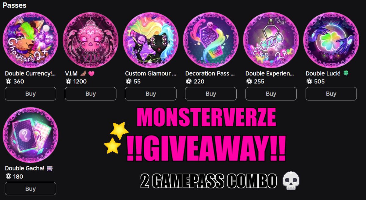 !! Monsterverze giveaway !! 💜🎃

INFO:

Since monsterverze will be delayed just a FEW more days ( which is NOT the devs fault) I've decided to up lift our moods by doing a small 2 gamepass combo giveaway!

Rules listed down below!

#Monsterverze #MonsterVerse #Giveaway #MV