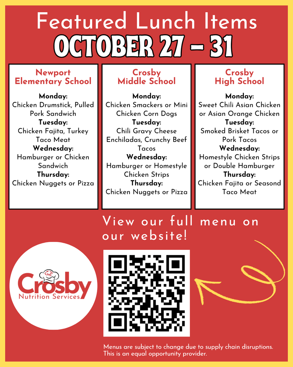 The countdown to an extraordinary week in <a href="/CrosbyISD/">Crosby ISD</a> cafeterias begins now!

Please see our complete menu on our website: schoolcafe.com/crosbyisd

*Menus are subject to change due to food availability.

Thank you for your patience and understanding!

<a href="/Crosby_Kinder/">Crosby Kindergarten Center</a>