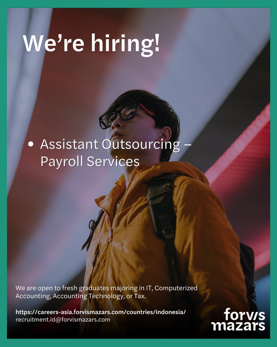 📢 We are hiring!
Explore our job openings this month and join our dynamic team.
Join us on a journey of learning and exploration, where we'll support you so that you can make an impact on the future

💼 Apply here: careers-asia.forvismazars.com/countries/indo…
📩Email: recruitment.id@forvismazars.com