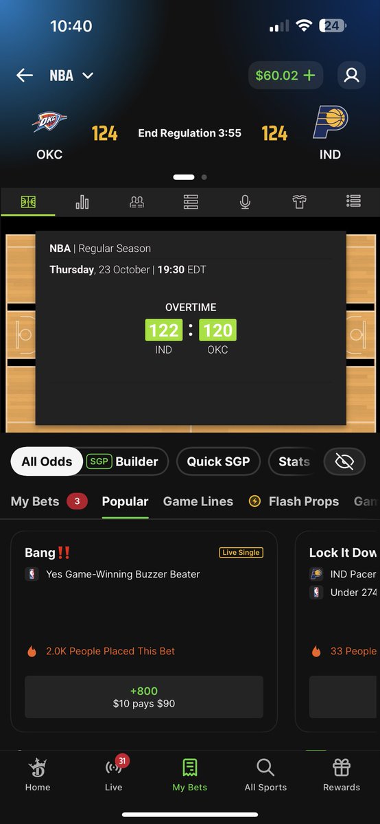 coachcragger's tweet photo. Seriously @DKSportsbook.  1st OT is over, and if I wasn’t watching the game I wouldn’t know it and would be tempted to take the cashout. This bet has already hit and they’re offering a cashout. Have you seen this before @Jeff_Mans @TheCoachesDesk https://t.co/bEb287KOiP