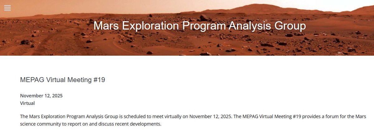 The #Mars Exploration Program Analysis Group
MEPAG Virtual Meeting #19
➡️November 12, 2025