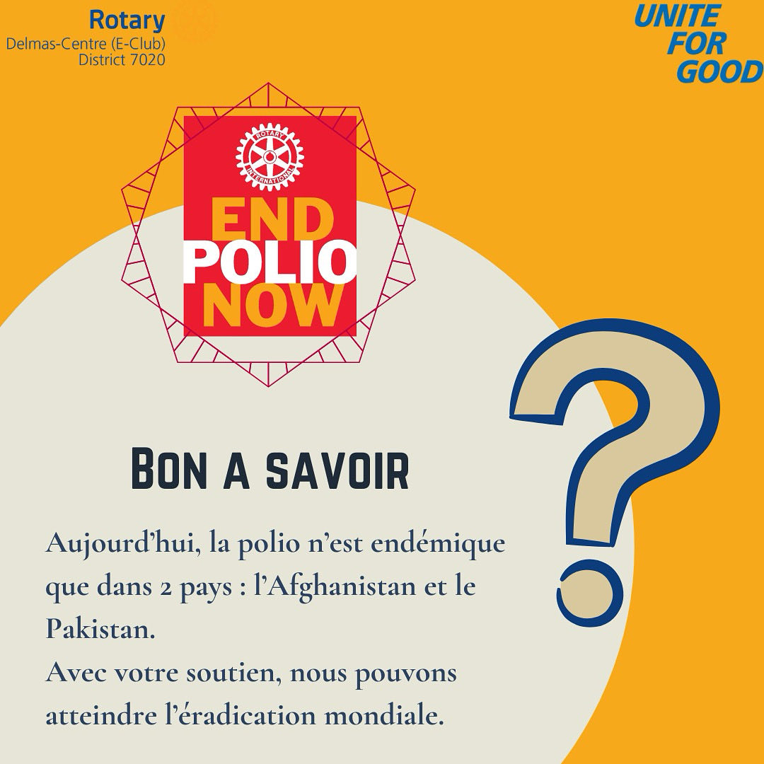 RotaryDelmasC's tweet photo. Aujourd’hui, la polio n’est endémique que dans 2 pays : l’Afghanistan et le Pakistan.
Avec votre soutien, nous pouvons atteindre l’éradication mondiale.
 #EndPolioNow #rotaryinternational #freepolio #district7020 https://t.co/wzwOtQH8uj