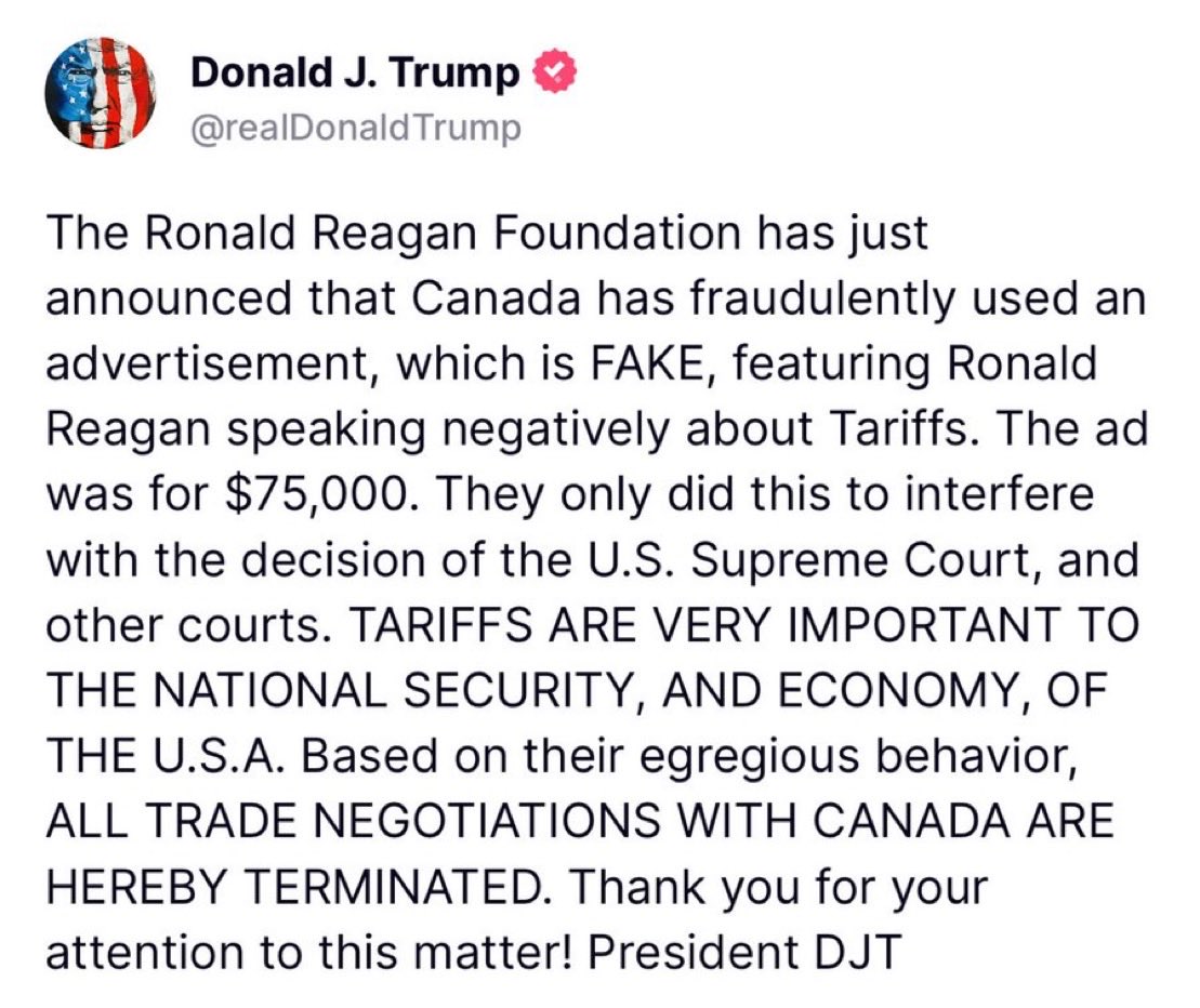 TRUMP TERMINATES ALL TRADE NEGOTIATIONS WITH CANADA. YIKES. 🇺🇸 🇨🇦
