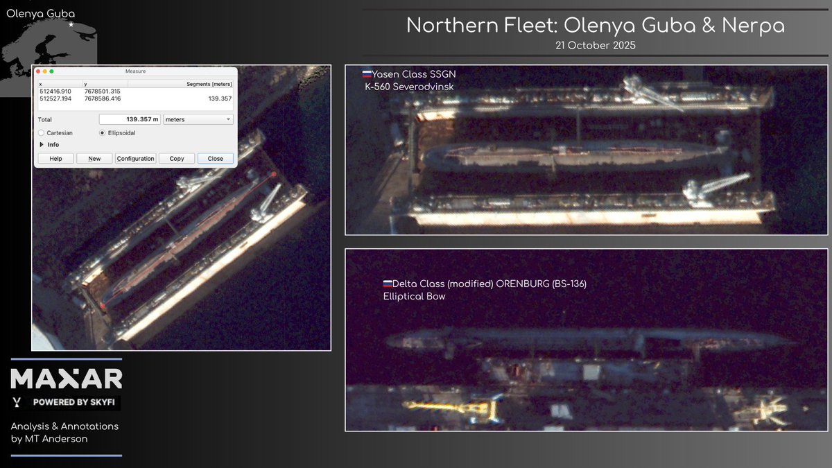 🔎🇷🇺Winter is Coming: One of the last looks at Russia's Northern Fleet Sub Arsenal

FINAL CLEAR LOOK? Before Arctic ice sets in, I grabbed high-res imagery (Oct 21) of three key Northern Fleet sub bases. Olenya Guba's main piers are empty, but the larger picture from Nerpa