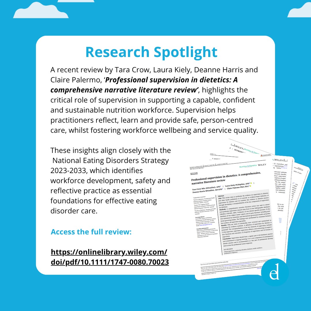 NEDC_Australia's tweet image. A new review explores how professional supervision in dietetics supports reflective practice, workforce wellbeing and quality care - aligning with the National Eating Disorders Strategy 2023–2033.
👉 onlinelibrary.wiley.com/doi/pdf/10.111…

#WorkforceDevelopment #Dietetics #NEDC #EatingDisorders