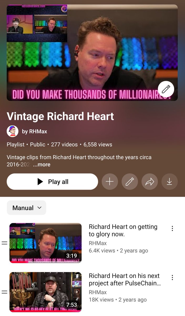 <a href="/RichardHeartWin/">Richard Heart</a> 277 Richard Heart clips on YouTube playlist 🔥 

youtube.com/playlist?list=…