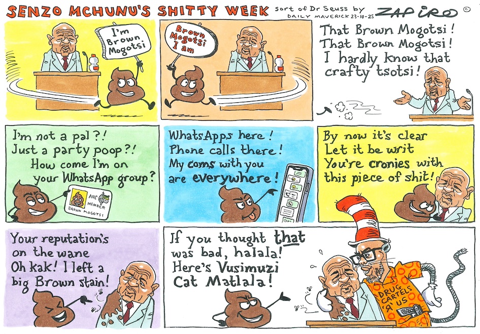 zapiro's tweet image. Zapiro cartoon published on @dailymaverick (23 October 2025) on Bad Company @SenzoMchunuM @SAPoliceService -zapiro.com/251023dm