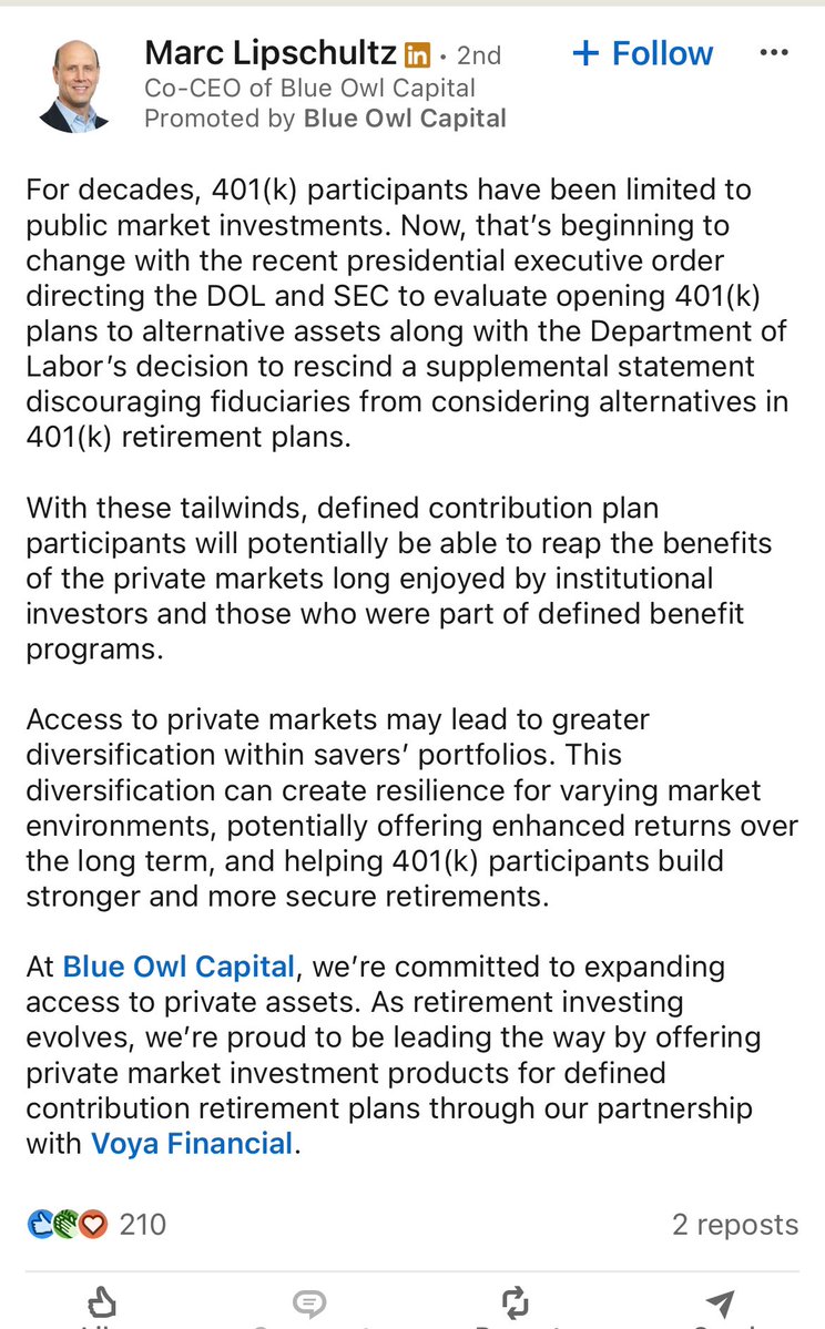 Blue Owl is literally the only financial firm that I’ve ever seen do promotions on Linkedin. Look at this pig shaking his tin cup for 401k retail liquidity as his stock crumbles down every single day.