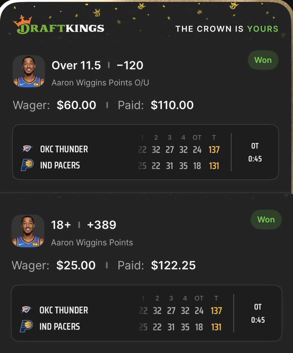 S/o to my GUY✅✅

Aaron Wiggins 11.5 points (-120)✅
Aaron Wiggins 18 points (+389)✅✅

Use code “NBA60” for 60% OFF your first month!!!

🔗 whop.com/the-gulag