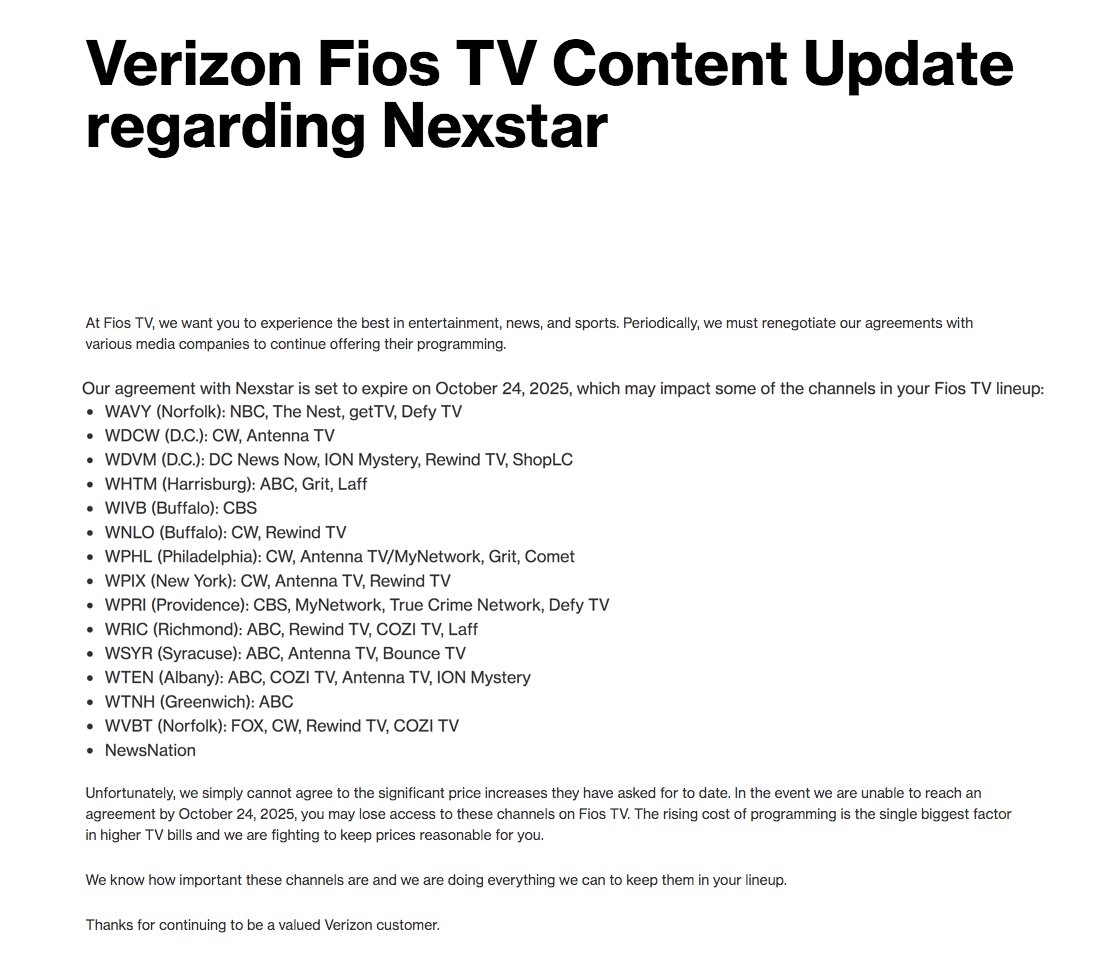 Rick_LifeCoach's tweet photo. Just a heads up to Verizon Fios users. If a deal is not met with Nexstar by tomorrow, these channels will be unavailable.
Nexstar are major slimeballs, but...damn, so is Verizon.
Chose your evils.
#nexstar #verizon #FiosTV #NewsNation #FIOS https://t.co/5RIEGyzooK
