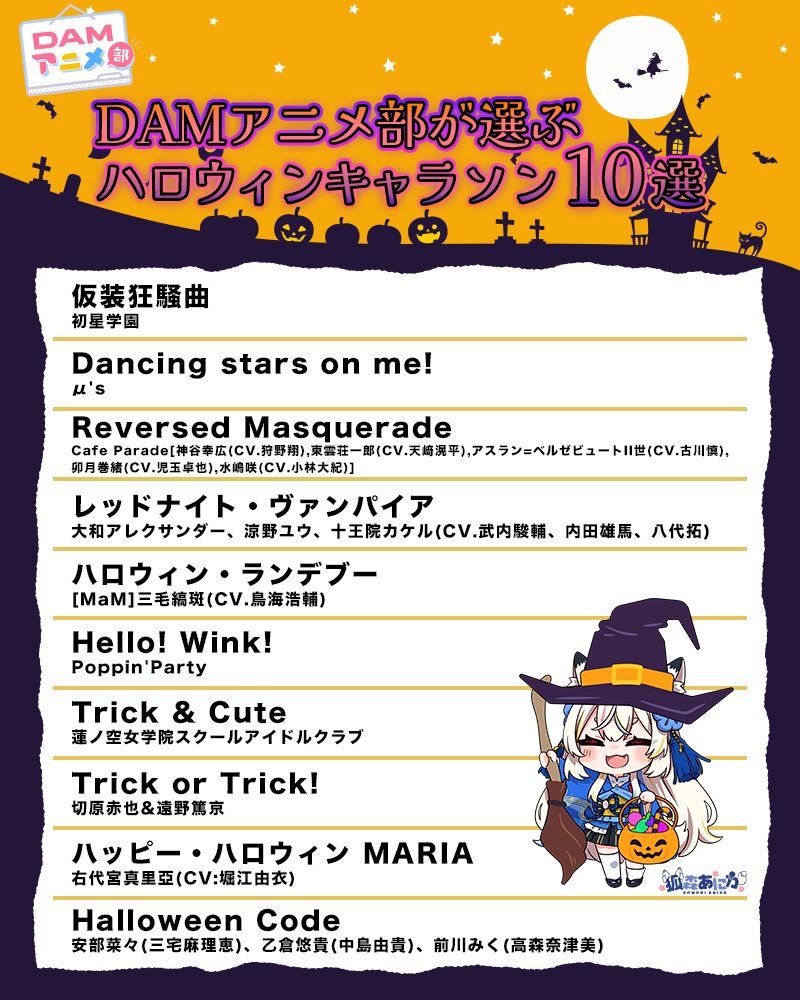 * • · 👻ハッピーハロウィン🎃· • *

こんあに～🦊
独断と偏見で #DAMアニメ部 が厳選した
ハロウィンにぴったりなキャラソンを発表だよ🧛🦇

仮装して歌うもよし🎤
ハロウィンを思いっきり楽しもう💫
みんなのおすすめソングも教えてね～

アニカラするなら、#やっぱDAMだね！
#あにかちゃん🦊