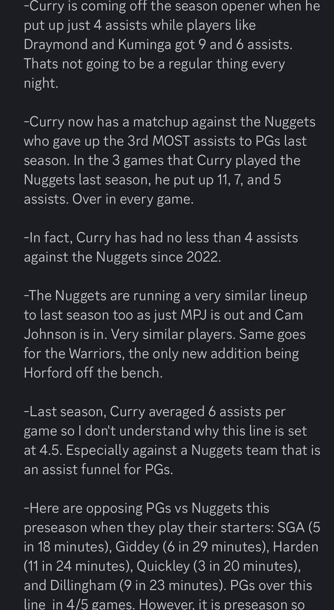 BangerProps's tweet image. WHAT A READ‼️

Steph Curry OVER 4.5 Assists✅ (-150)

Cashed this 6 minutes into the 2nd quarter!! All that had to happen for this to cash was for the Nuggets to blitz him, and they did! First play of the NBA season cashes!
