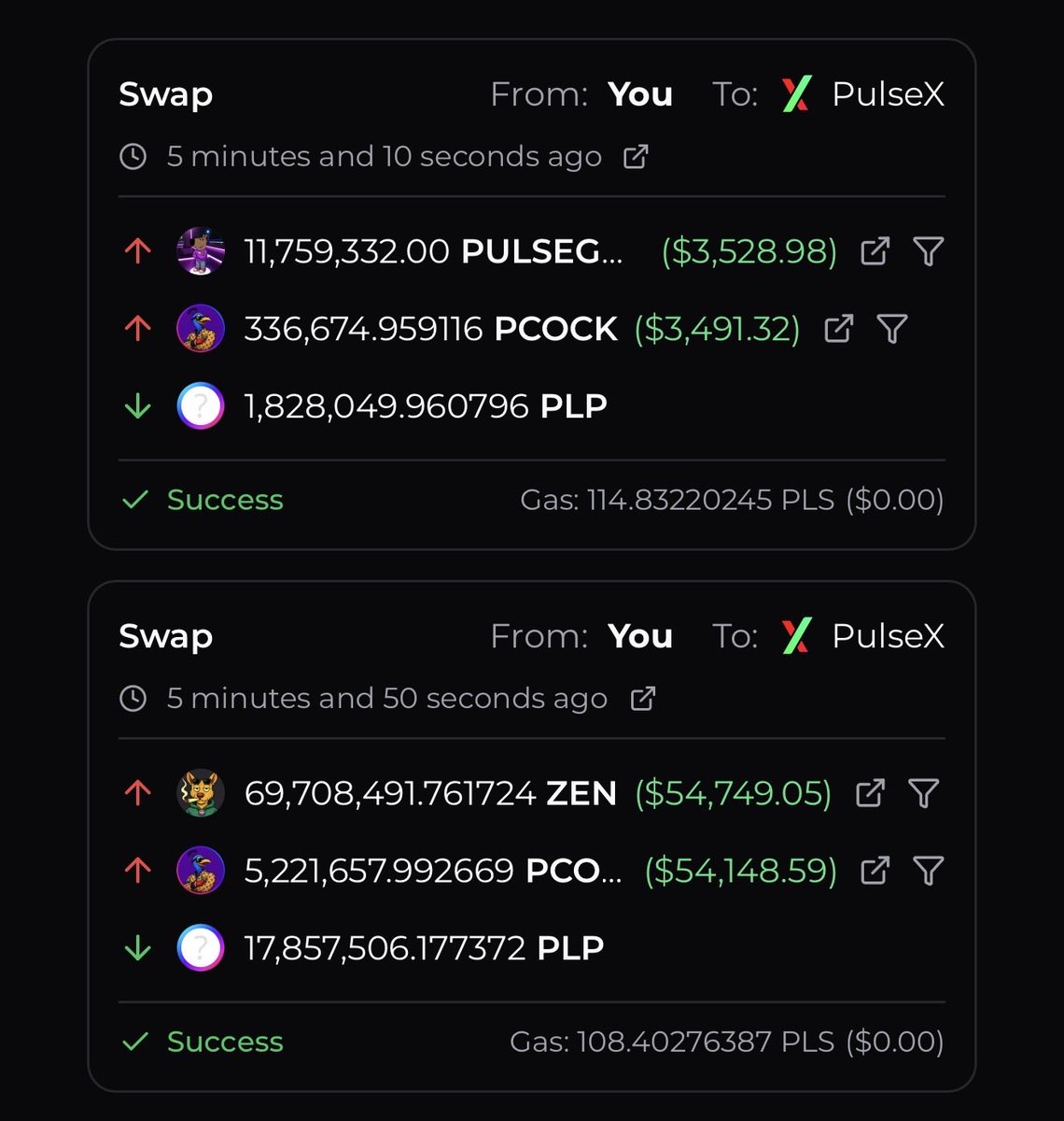 LibertySwapFi's tweet image. We’ve reduced our gifted supply and proven our commitment by partnering with strong and active PumpTires projects.
PCOCK is now paired with @zendawg_records (ZEN) and @Justapulseguy (PULSEGUY) and all LP tokens are burned forever.