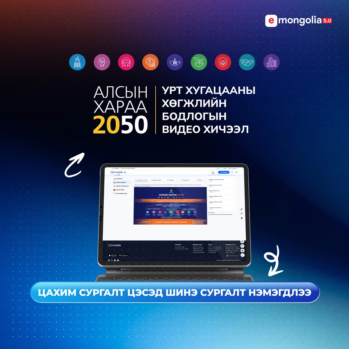 E-Mongolia платформын "Цахим сургалт" цэсэд "Алсын хараа-2050" Монгол Улсын урт хугацааны хөгжлийн бодлогын зорилго, зорилтыг төрийн албан хаагчдад танилцуулах цахим хичээл нэмэгдлээ