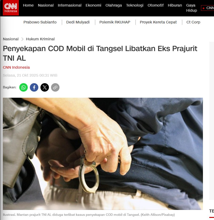 A former Indonesian Navy #TNIAL soldier, Pvt. 'MRA', reportedly involved in the recent kidnapping of four people in South Tangerang (a city southwest of Jakarta). According to the Navy, he was dishonorably discharged in July 2024 for desertion

cnnindonesia.com/nasional/20251…