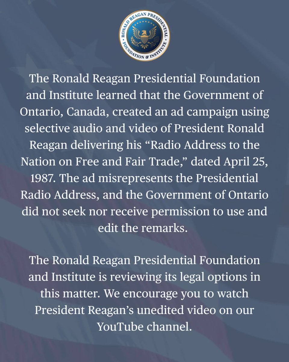 Dan Scavino Jr.🇺🇸🦅 (@danscavino) on Twitter photo 🚨O Canada is running a $75M anti-tariff PROPAGANDA ad on TV, here in the United States of America—Directed at Republican Voters…
“The Govt of Ontario, Canada, created an ad campaign using selective audio and video of <a href="/RonaldReagan/">Ronald Reagan Presidential Foundation & Institute</a>…”
<a href="/MarkJCarney/">Mark Carney</a> <a href="/fordnation/">Doug Ford</a>👇🏼 🚨O Canada is running a $75M anti-tariff PROPAGANDA ad on TV, here in the United States of America—Directed at Republican Voters…
“The Govt of Ontario, Canada, created an ad campaign using selective audio and video of <a href="/RonaldReagan/">Ronald Reagan Presidential Foundation & Institute</a>…”
<a href="/MarkJCarney/">Mark Carney</a> <a href="/fordnation/">Doug Ford</a>👇🏼