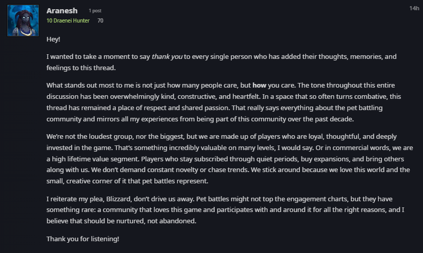 Aranesh's (<a href="/XuFusPetguide/">Aranesh</a> 's) response to all the comments and likes on the thread in the forum 💖

I genuinely hope <a href="/Blizzard_Ent/">Blizzard Entertainment</a> is paying attention and reconsiders.