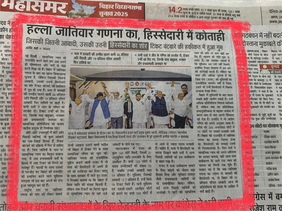 दैनिक जागरण में अरविंद शर्मा का यह लेख राजनीति में हिस्सेदारी और भागीदारी को लेकर बहुत ही बुद्धिजीवी और ताकतवर है।अब आप समझ सकते हैं कि सामाजिक न्याय पर वोट मांगने वाली पार्टियों ने अभी तक आज़ाद देश में जातिगत जनगणना क्यों नहीं करायी।सभी को अपनी जाति और परिवार को ही हिस्सेदारी