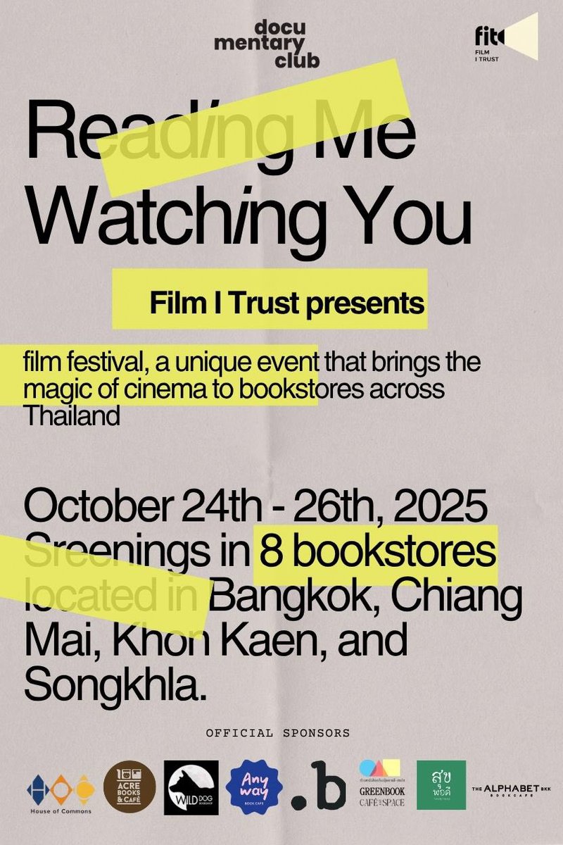 Documentary Club (@docclubth) on Twitter photo เริ่มวันนี้แล้วนะ!
Film I Trust จับมือ Doc Club ชวนคุณมาดูหนังใน 8 ร้านหนังสืออิสระ 4 จังหวัด!
ตามลายแทงนี้ไปได้เลยค่ะ ใครอยู่ใกล้ร้านไหนชวนไปสนับสนุนเป็นกำลังใจให้ร้านหนังสือน่ารักของเรากัน บางเรื่องเริ่มเต็มแล้วนะอย่ารอช้า (สอบถามรายละเอียดเพิ่มเติมได้ที่เพจของแต่ละร้านค่ะ) เริ่มวันนี้แล้วนะ!
Film I Trust จับมือ Doc Club ชวนคุณมาดูหนังใน 8 ร้านหนังสืออิสระ 4 จังหวัด!
ตามลายแทงนี้ไปได้เลยค่ะ ใครอยู่ใกล้ร้านไหนชวนไปสนับสนุนเป็นกำลังใจให้ร้านหนังสือน่ารักของเรากัน บางเรื่องเริ่มเต็มแล้วนะอย่ารอช้า (สอบถามรายละเอียดเพิ่มเติมได้ที่เพจของแต่ละร้านค่ะ)
