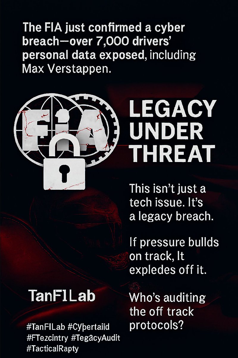Tanf1lab's tweet image. The FIA just confirmed a cyber breach - over 7,000 drivers’ personal data exposed, including Max Verstappen.

#TanF1Lab #CyberGrid #F1Security #LegacyAudit #TacticalReply