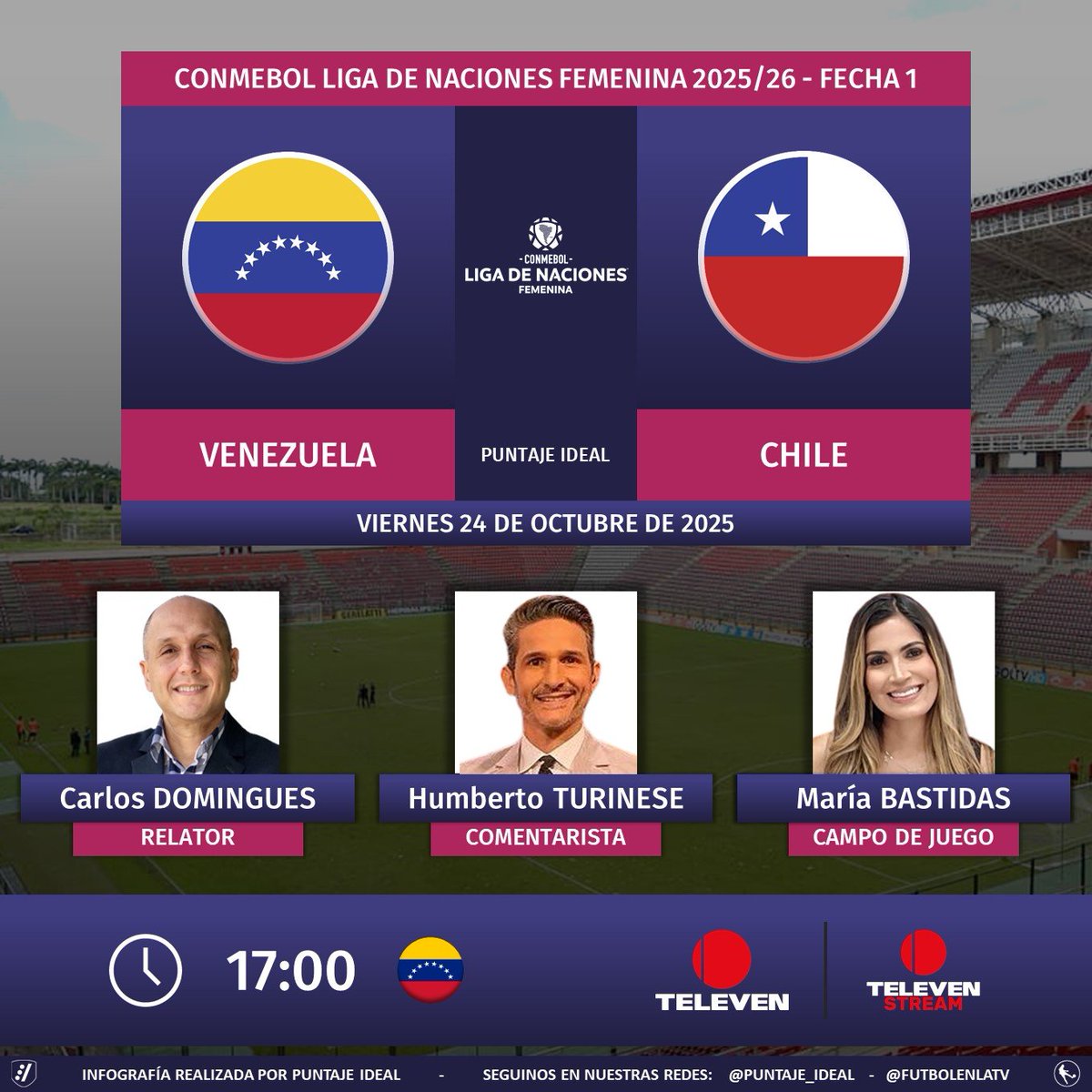 Puntaje Ideal (@puntaje_ideal) on Twitter photo ⚽️ #LigaDeNacionesFemenina | 🇻🇪 #Venezuela vs. #Chile 🇨🇱
🎙️ Relator: <a href="/CDominguesP/">Carlos Domingues</a>
🎙️ Comentaristas: <a href="/hturinese/">Humberto Turinese</a>
🎙️ Campo de juego: <a href="/Mabastidas/">Maria Bastidas</a>
📺 <a href="/Canal_Televen/">Televen</a> 🇻🇪
💻📱 Televen Stream 🇻🇪
🤳 #TelevenEsVinotinto - #LNF
Dale RT 🔃 ⚽️ #LigaDeNacionesFemenina | 🇻🇪 #Venezuela vs. #Chile 🇨🇱
🎙️ Relator: <a href="/CDominguesP/">Carlos Domingues</a>
🎙️ Comentaristas: <a href="/hturinese/">Humberto Turinese</a>
🎙️ Campo de juego: <a href="/Mabastidas/">Maria Bastidas</a>
📺 <a href="/Canal_Televen/">Televen</a> 🇻🇪
💻📱 Televen Stream 🇻🇪
🤳 #TelevenEsVinotinto - #LNF
Dale RT 🔃