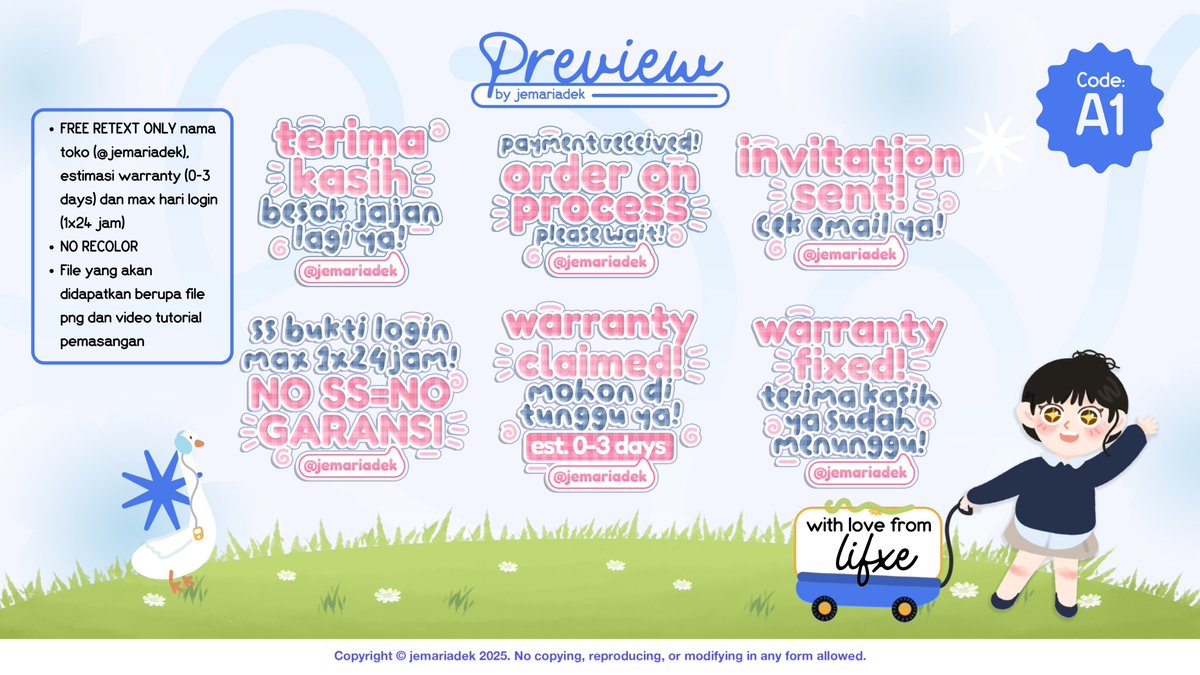 jemariadek's tweet image. Help rt/repost, thank you sm!

🍀💬 TGIF! Kakak cantik @lifxe mau giveaway 2 FREE READY STOCK STICKER PACK wabis untuk BA dalam rangka berbagi kebahagiaan dan mendoakan orang yang kita sayangi!

📅 24 Oct 2025
⏰ Now - 20.00 WIB
🍀 Claim via Reply

 scroll for more! #zonauang