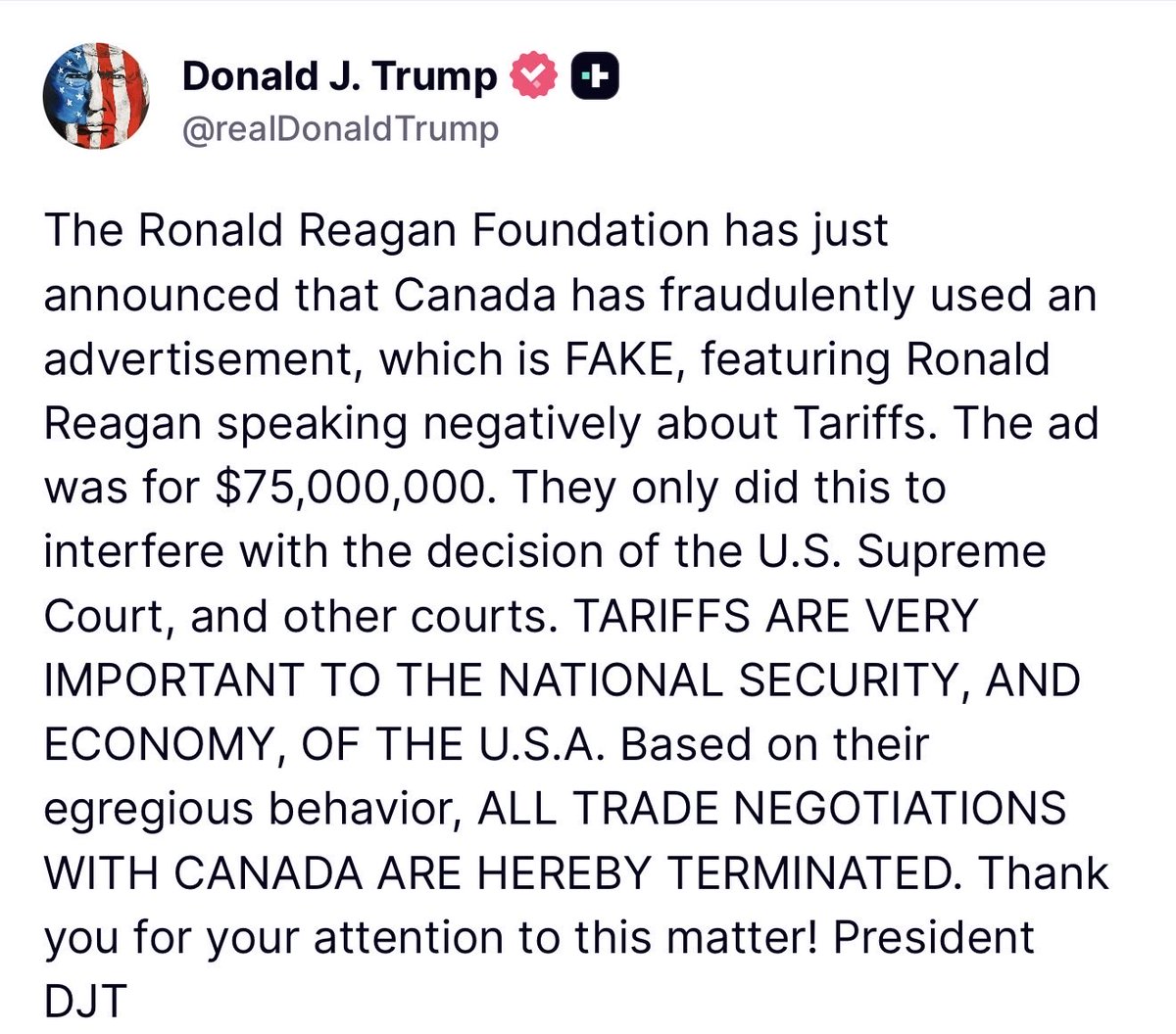 BREAKING 🚨 President Trump stuns the world by TERMINATING all Trade negotiations with Canada 

America will NOT be bullied any longer

I VOTED FOR THIS 🔥