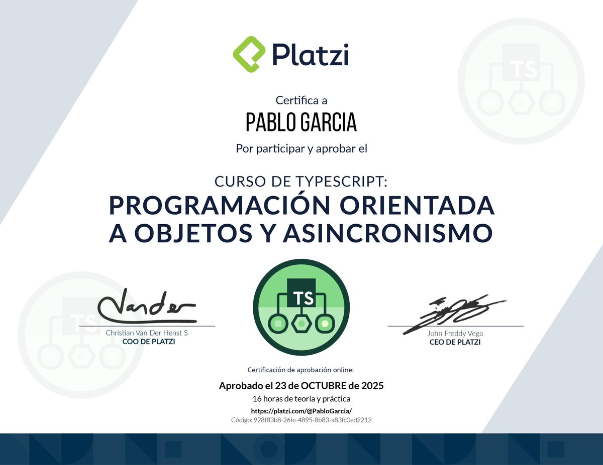 PabloGarciaJC's tweet image. ¡Terminé el curso de TypeScript: Programación Orientada a Objetos y Asincronismo!
#TypeScript #POO #Asincronismo #Genéricos #DesarrolloWeb #AprendizajeContinuo #platzi #pablogarciajc