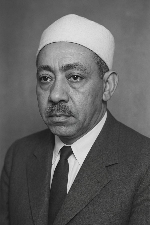 Black and white portrait of a middle-aged man with a mustache, wearing a white taqiyah cap, white shirt, dark tie, and dark suit jacket, facing forward with a serious expression against a plain gray background.