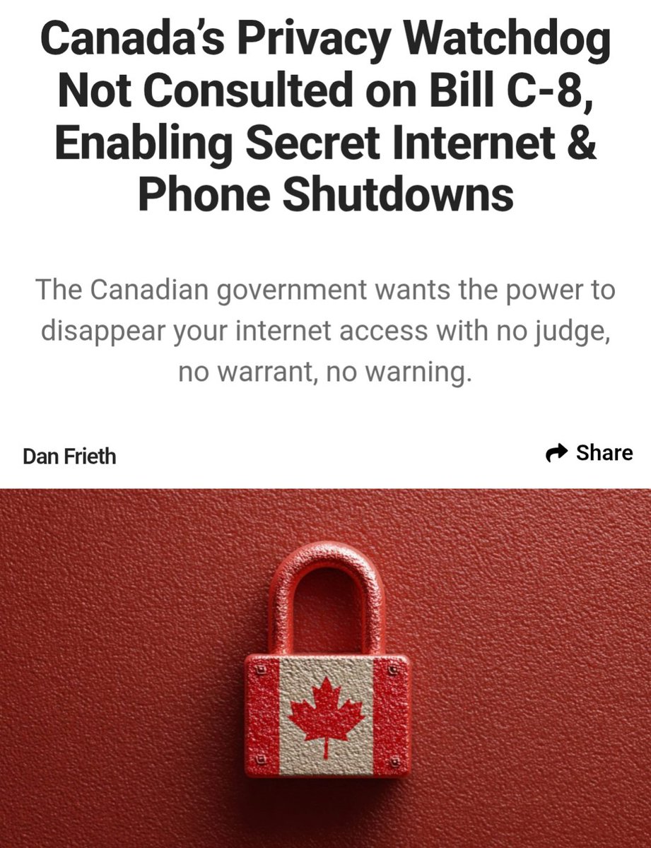 Yikes!  Canada is passing a bill that will  authorize the cabinet to compel telecom companies to block services to individuals considered a "security threat"  without needing a judge’s approval or any public disclosure 😬