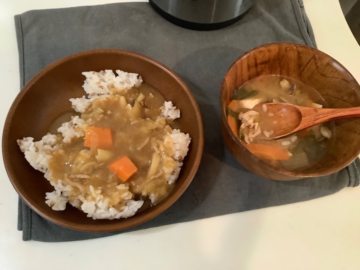 今日の昼飯は、早めの週末恒例メニューのカレーと味噌汁。
あ、味噌汁ではなく豚汁でした。
見て下さい！