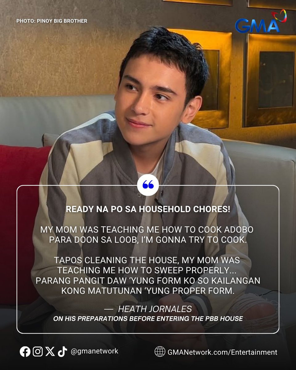 gmanetwork's tweet image. READY NA SA HOUSEHOLD CHORES! 🍳🧹

Abangan natin sa #GMAPBBCollab ang pagluto ni Heath Jornales ng Adobo! 😋 

#KapusoTalks #HeathJornales