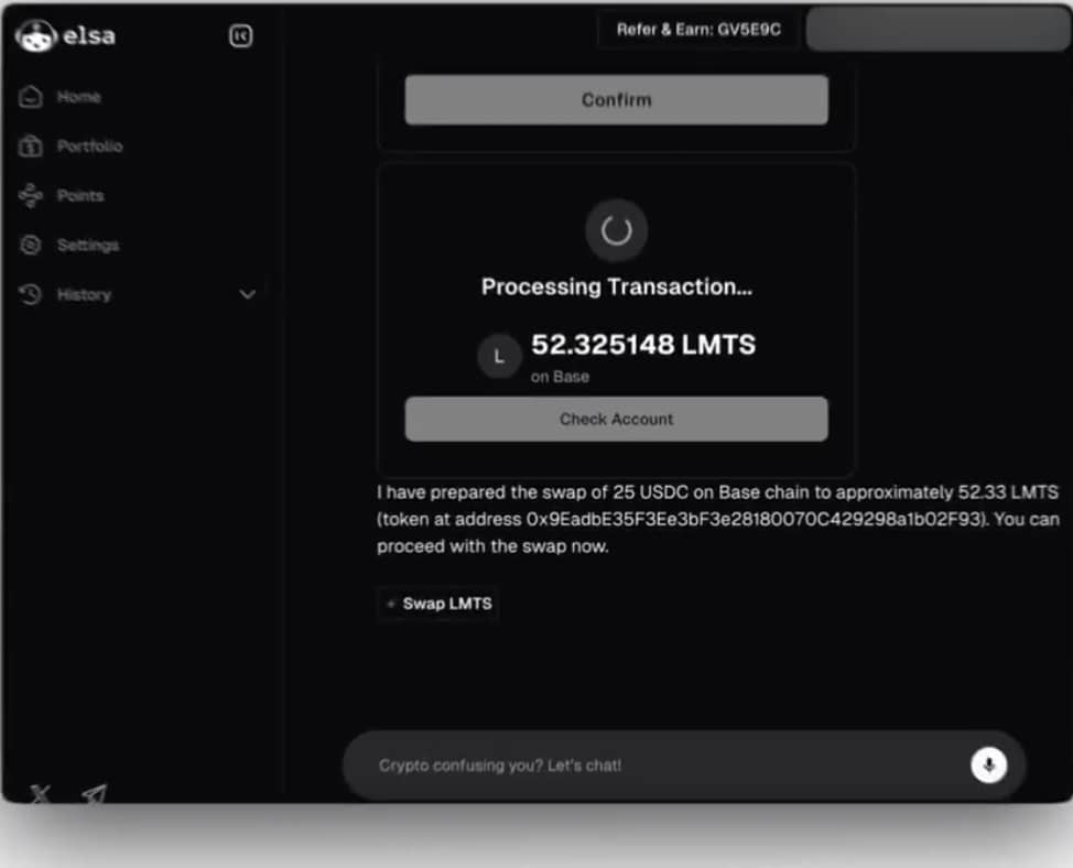 Trading $LMTS token on <a href="/HeyElsaAI/">HeyElsa</a> is now possible they've added it as well.

You can send the prompt: "swap $20 USDC on Base to $LMTS" 

Elsa receives the prompt and proceeds with the execution.  Just simple, ease on-chain interaction.

Just Elsa it.