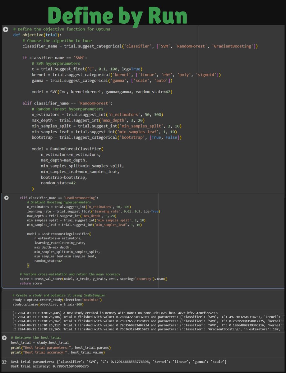 dah_Sanoj_33's tweet image. 🎯 Hyperparameter Optimization with Optuna — Completed!
✅ Implemented Bayesian Optimization (TPE)
✅ Applied dynamic & conditional search spaces
Visualized parameter importance 🚀
#MachineLearning #Optuna #HyperparameterTuning #AI #DataScience #BayesianOptimization