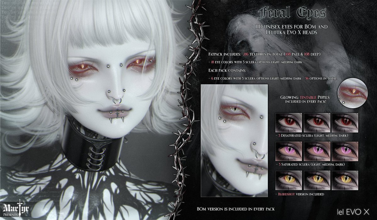 MelseMartyr's tweet image. New release! 
⋅────⊱༺ ♰ ༻⊰────⋅
Martyr + Feral Eyes @ THE WAREHOUSE SALE
BOM and Evo X appliers 
Opens: 23rd, 10pm slt
TP: maps.secondlife.com/secondlife/Rot…