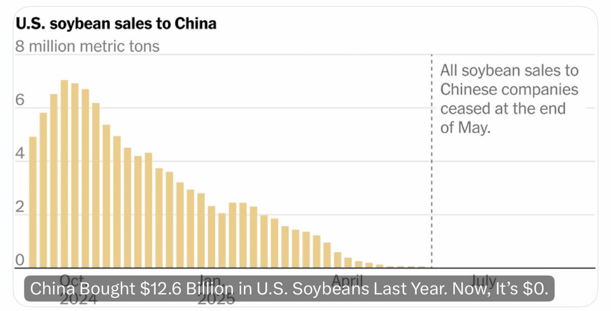 关税战的残酷性：中国去年购买了价值126亿美元的美国大豆，如今却一分没买，美国农民被害惨了！川普提高对中国商品的关税后，中国于5月份停止从美国购买大豆，并对丰收的美国大豆征收报复性关税。不过，川普家族，已通过加密货币，向中国人民征收了100亿美元加密“关税”。真正的关税战，不会持续很久。