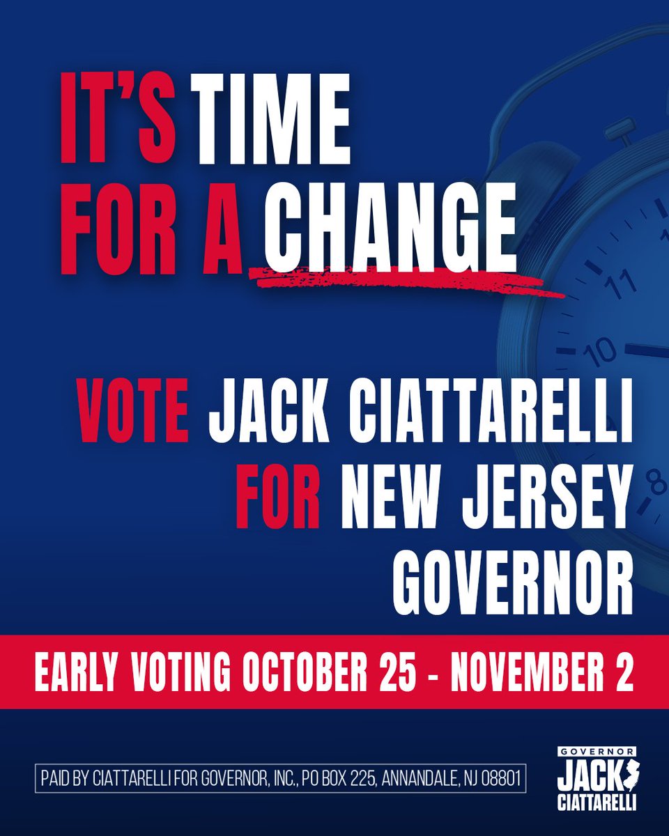 Jack4NJ's tweet photo. It’s time, New Jersey. Early Voting is OPEN! Vote red this election season to bring change to New Jersey!

In-person early voting runs from Oct 25-Nov 2, 2025.
Mon-Sat 10 a.m.-8 p.m. and Sun 10 a.m.-6p.m., no appointment needed.

Find your county and vote at any polling location in your county!
https://t.co/dniusoaEaT