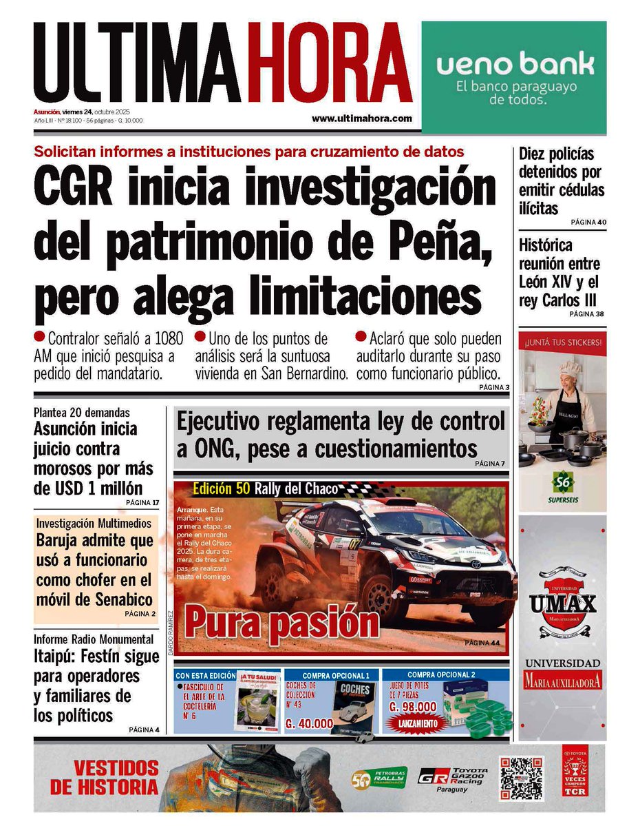 UltimaHoracom's tweet image. ¡Buenos días! Esta es la #TapaÚH y contratapa con los títulos principales.
📲 Lea las noticias en: ultimahora.com
📰 Más noticias de la edición impresa: editorial.elpais.com.py/elpais/newssta…
🟢 Recibí las noticias: whatsapp.com/channel/0029Va…