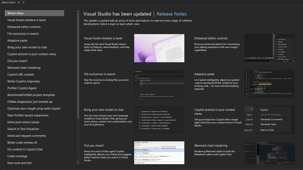 VisualStudio's tweet image. Visual Studio 2026 just dropped its Insiders Release.
@danielwarddev and @mkristensen discuss all the new goodies.
Highlights include: 
➡️ Monthly update cadence for faster features
➡️ Deep Copilot + Profiler Agent integration
➡️ Major speed boosts on startup and large solutions…