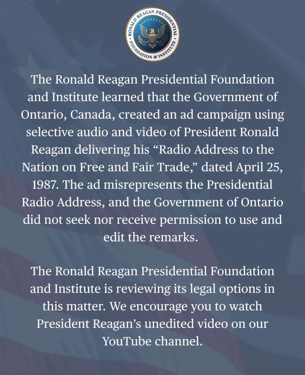 I just watched the full April 25, 1987 Presidential Address by Ronald Reagan and the full version is actually far more supportive of free trade and against tariffs than the short clip in the Canadian ad. Watch it for yourself youtu.be/5t5QK03KXPc