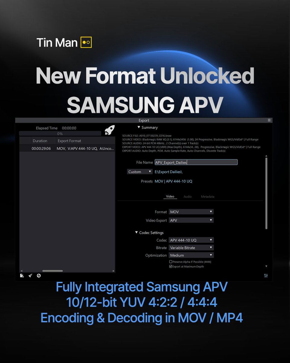 CalibratedWare's tweet photo. 🚀 Samsung APV Codec in Tin Man

Tin Man now offers full Samsung APV integration using OpenAPV — import, decode, and export APV files with 10/12-bit YUV 4:2:2 / 4:4:4 / 4:4:4:4 (Alpha) support in MOV and MP4.

🎬 About the APV Codec
Samsung’s APV (Advanced Professional Video) is a professional, royalty-free codec developed for high-quality video recording and post-production.

Experience professional APV workflows — end-to-end in Tin Man.

Free Trial Download:
https://t.co/HTt7KcTt3U

#TinManApp #SamsungAPV #GalaxyS26 #GalaxyS26Pro #OpenAPV #ColorGrading #PostProduction #Filmmaking #VideoEditing #ProWorkflow #CodecInnovation