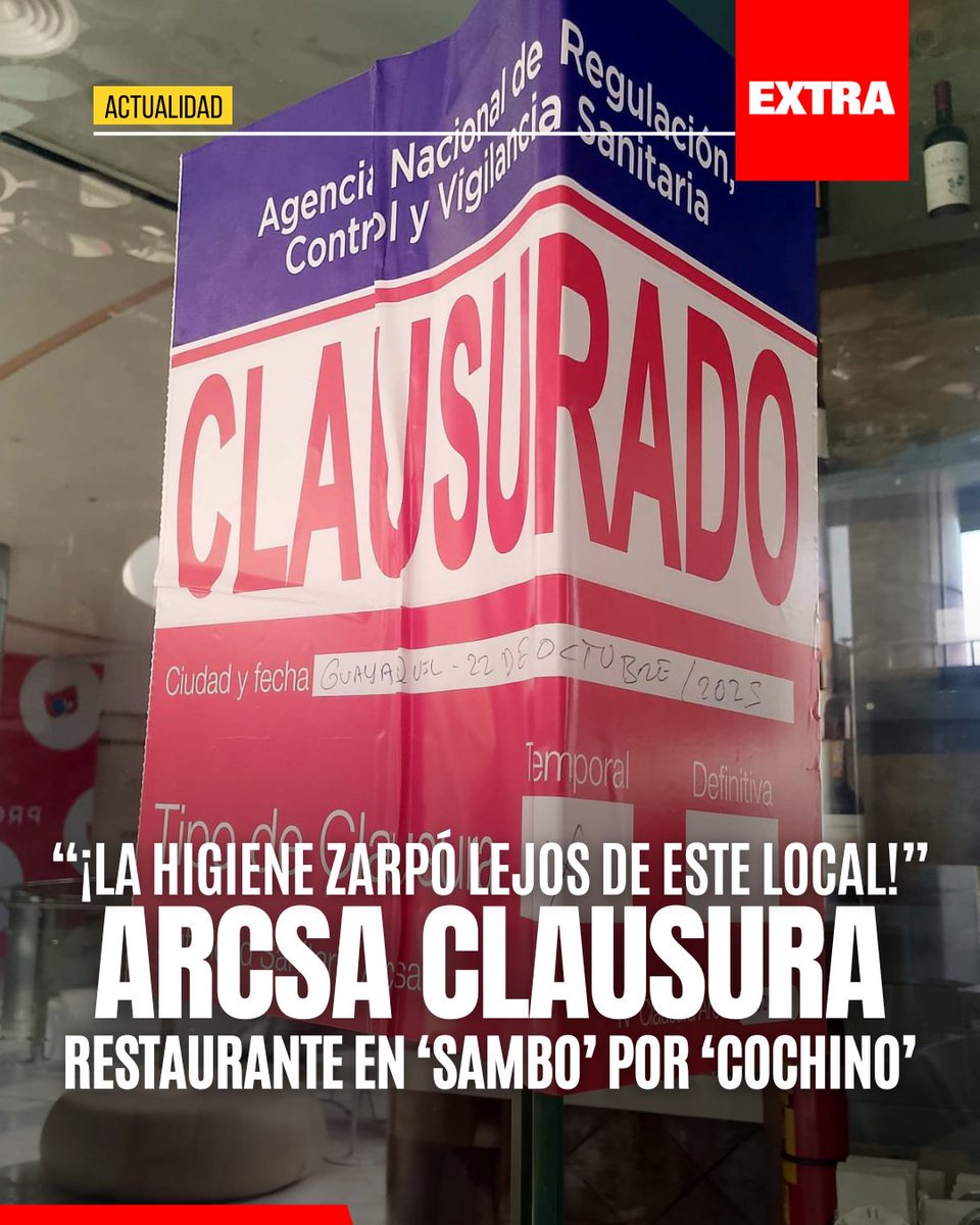 DiarioExtraEc's tweet image. #EXTRAActualidad | La Arcsa clausuró un restaurante ubicado en la parroquia La Puntilla, cantón Samborondón, tras detectar graves incumplimientos en las normas de higiene y salubridad.

Más detalles 👉ow.ly/jOp850XhkfC
