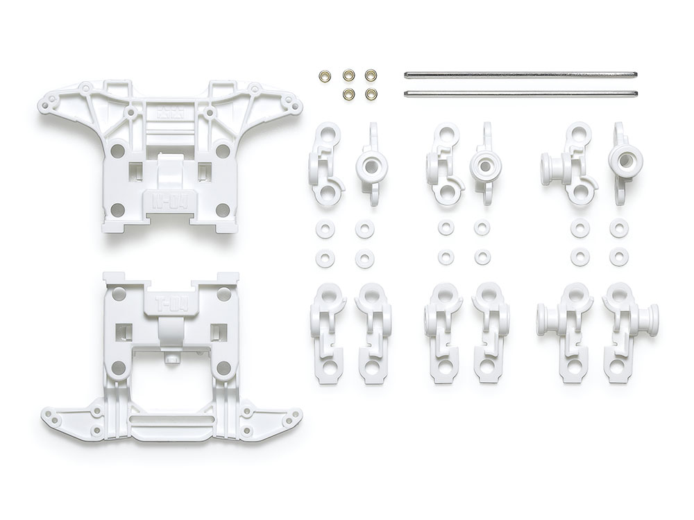 mini4wd's tweet image. ⬇️今週末発売のアイテムです🆕
『N-04・T-04 強化ユニット (ホワイト)』軸受け部分を別パーツ化した構造のMSシャーシ用ユニットが、強化素材&ホワイトカラーで登場。軸受けパーツはノーマルトレッド/ワイドトレッド/520ベアリングの3種対応で、コースに合わせたセッティングが可能。#ミニ四駆