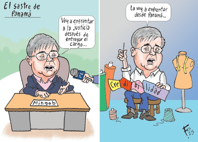 Two-panel cartoon caricature shows an elderly man in a gray suit and glasses sitting at a desk with a microphone labeled Mingob, speaking into it, while another panel depicts the same man in a sewing workshop with colorful fabrics, scissors, a mannequin dressed in white, and a sign reading La voy entregar, with text bubbles saying Voy a entregar la voy entregar des de Panama a la Justicia a la vista de Panama and Despues de la entrega de cargo, crediting Fo.