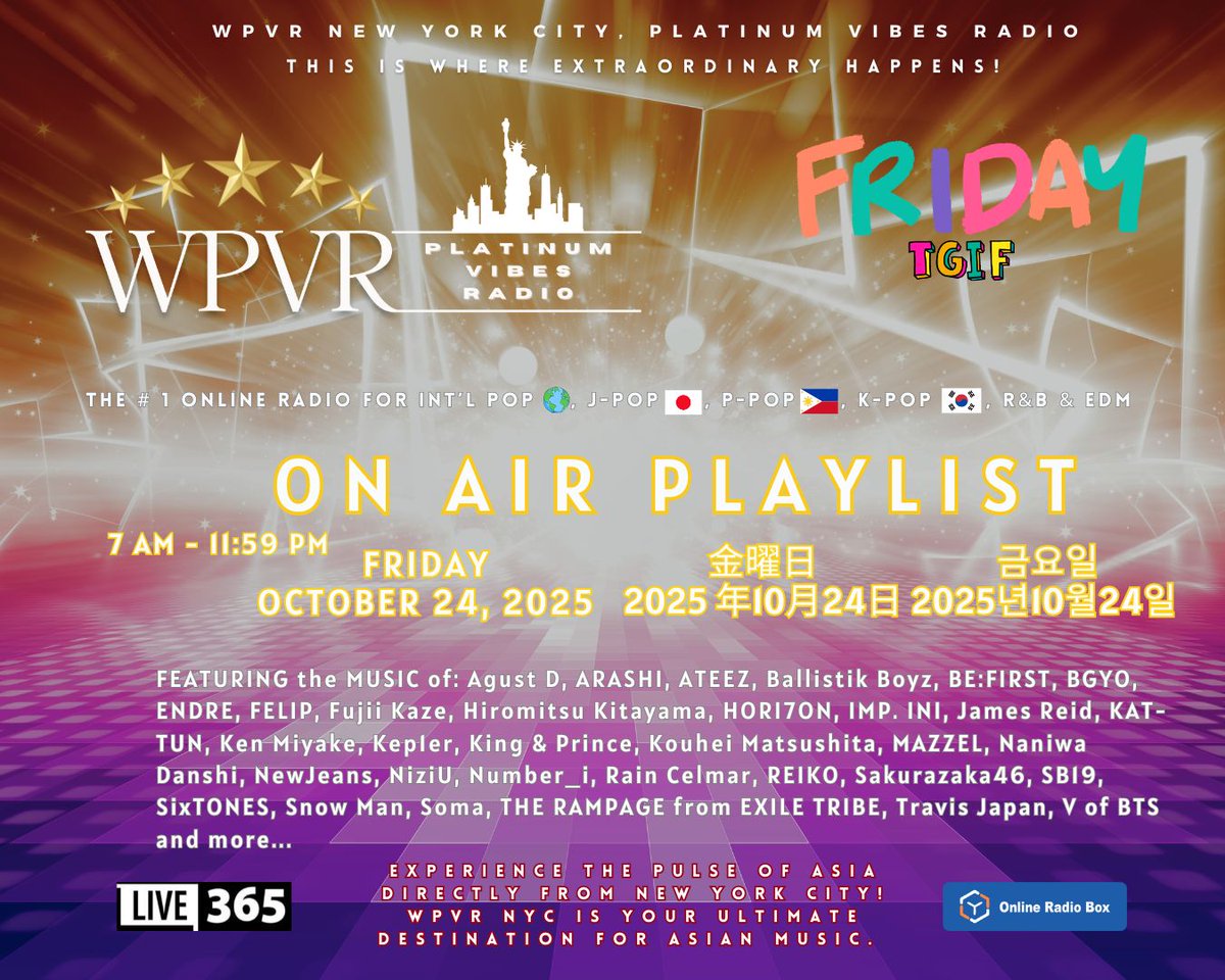 WPVR NYC - Platinum Vibes Radio (@platinumvibes8) on Twitter photo Hey Platinum World! どーも!  안녕하세요! This is the WPVR NYC Platinum Vibes Radio playlist from 1:00 am - 11:59 pm for ⚡️Friday, OCTOBER 24, 2025 ⚡️ |  2025年10月24日 |  2025년10월24일 | Oktubre 24, 2025. Thank you always for listening and supporting the WPVR NYC platform! Hey Platinum World! どーも!  안녕하세요! This is the WPVR NYC Platinum Vibes Radio playlist from 1:00 am - 11:59 pm for ⚡️Friday, OCTOBER 24, 2025 ⚡️ |  2025年10月24日 |  2025년10월24일 | Oktubre 24, 2025. Thank you always for listening and supporting the WPVR NYC platform!