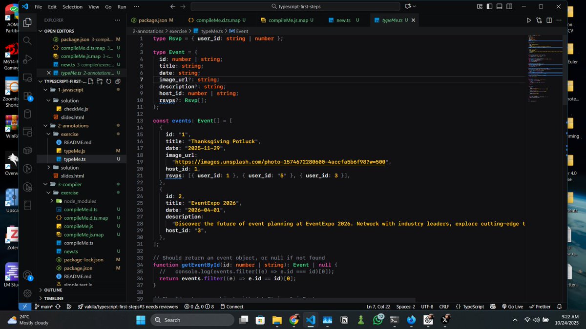 SenithSV's tweet image. Day 1 of learning TypeScript
Today I learned about,
> TypeScript Syntax: Variables & Functions
> Arrays & Objects, Interfaces, Generics
> Union Types
> Type Narrowing, Guards, & Aliases
> Type Annotations
> TypeScript Compiler
> tsconfig.json & Type Declarations
