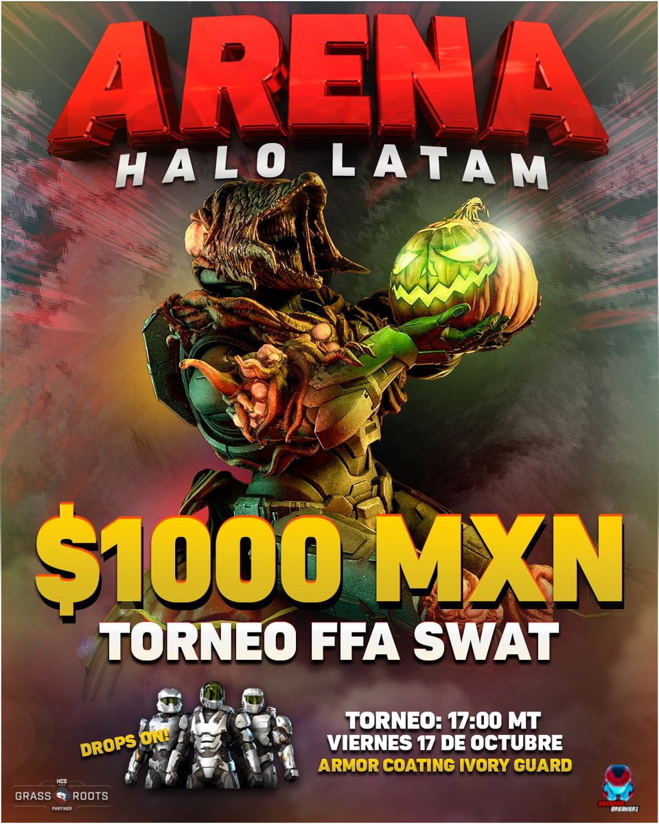 🏆¡NUEVO TORNEO DE HALO INFINITE #ArenaHaloLATAM EDICIÓN FFA SWAT!🏆

🗓️ Viernes 17 de Octubre
⏰ 5pm MT/CDMX
👥 2 Partidas por lobby
💰 $1000 MXN
📝Máximo 32 participantes  
Registro: En los comentarios de esta publicación con tu gamertag.