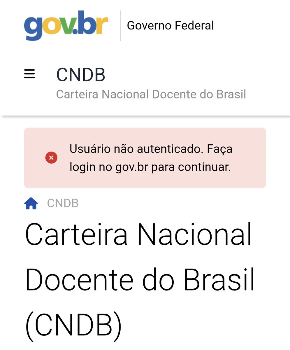 BibiMGomes's tweet photo. Não consigo nem entrar na página para solicitar a carteira nacional docente (CNDB). Fica aparecendo essa mensagem, mesmo que eu tenha feito login 🙄 https://t.co/8SwiLht8pZ