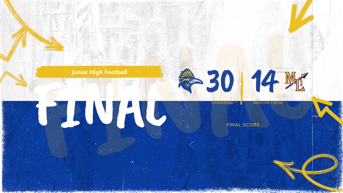 🏈 FINAL SCORE 🏈
JH Roadrunners 30
Medicine Lodge Indians 14

The Junior High Runners close out their season with a 30–14 victory, finishing on a 2-game win streak and a 3–4 overall record! 💪🟦🟨

This group showed tremendous growth all season — improving in ability, effort, an